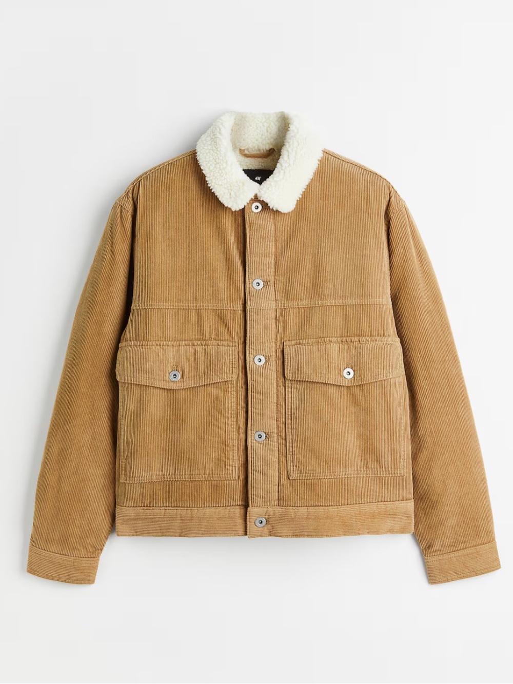 H&M Men’s Dark Beige Corduroy Trucker Jacket XXL Sherpa Borg Lined Classic Work